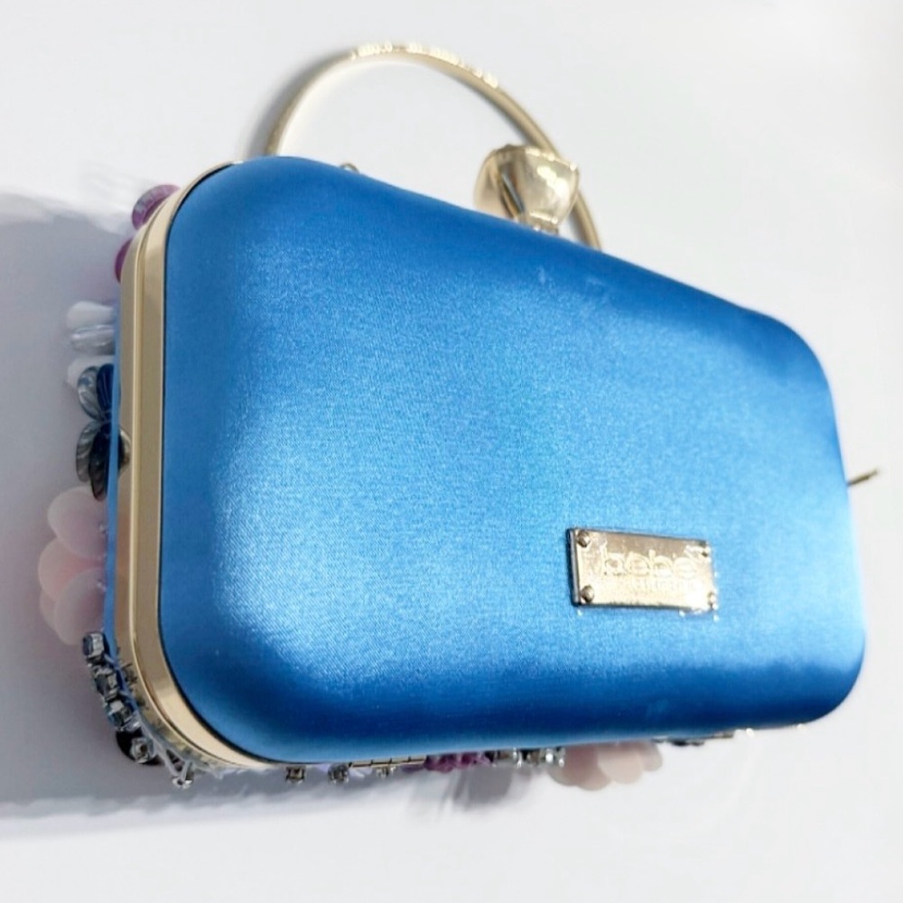 Bebe Blue Satin Floral Embellished Daisy Clutch w/ Chain Strap | NWT - Picture 8 of 14